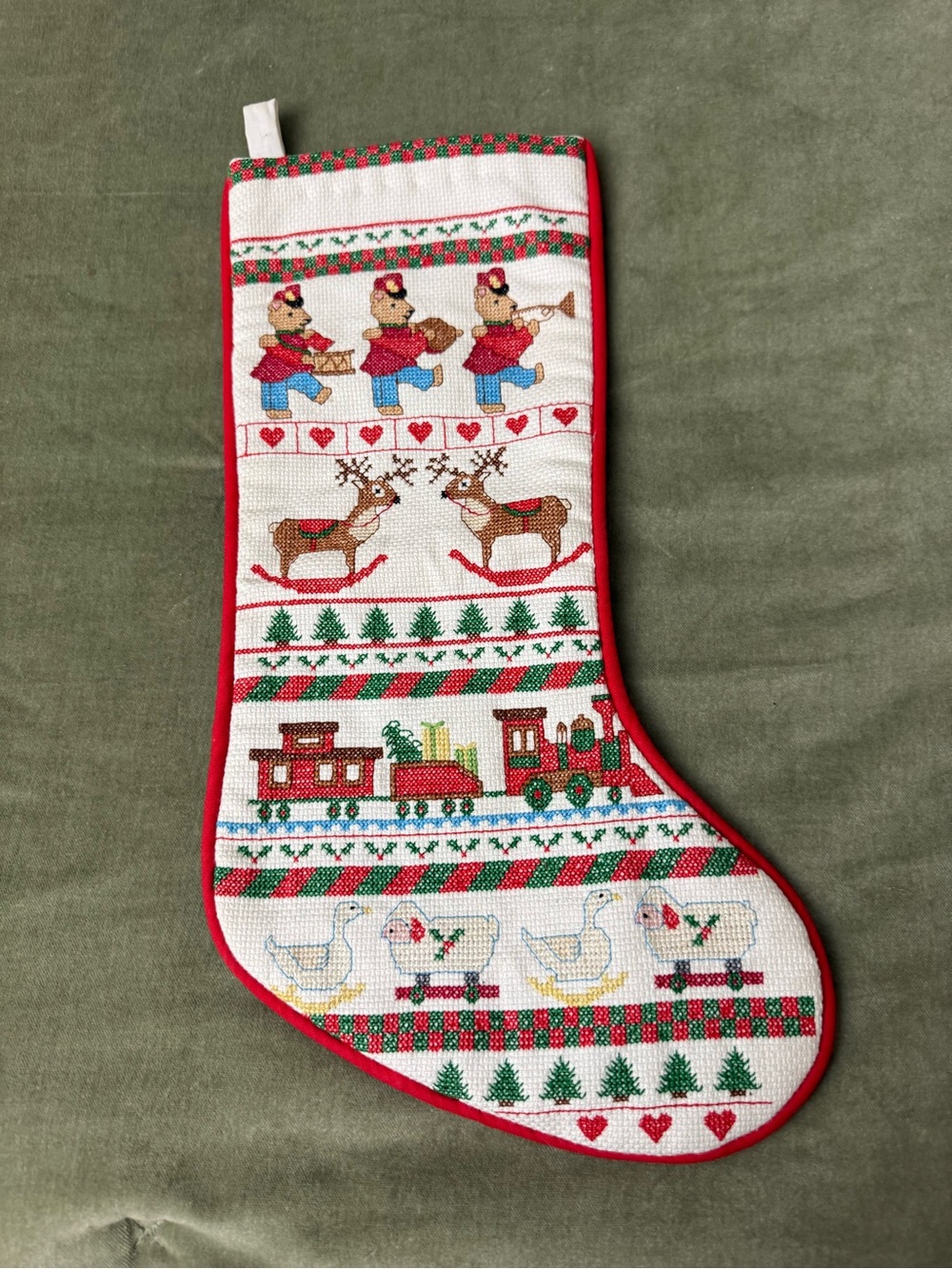 Vintage Cross Stitch Christmas Stocking Handmade 17in Toy Train Bear #OSXMAS